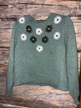 Francesca's Collections Sage Green Daisy-Appliqué Crew Sweater